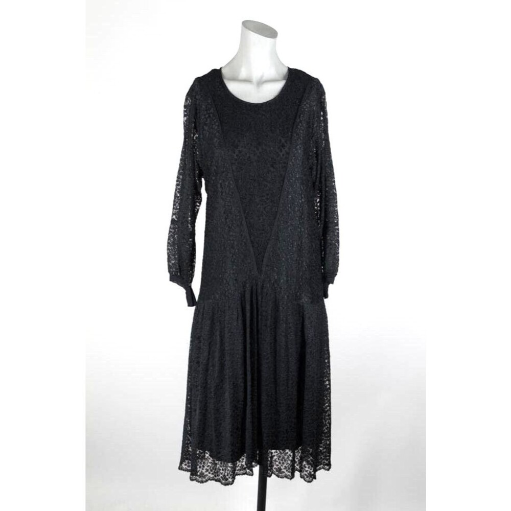 Vintage Antique 1920s 20s Black Silk and Lace Flapper Shift Dress XS S
